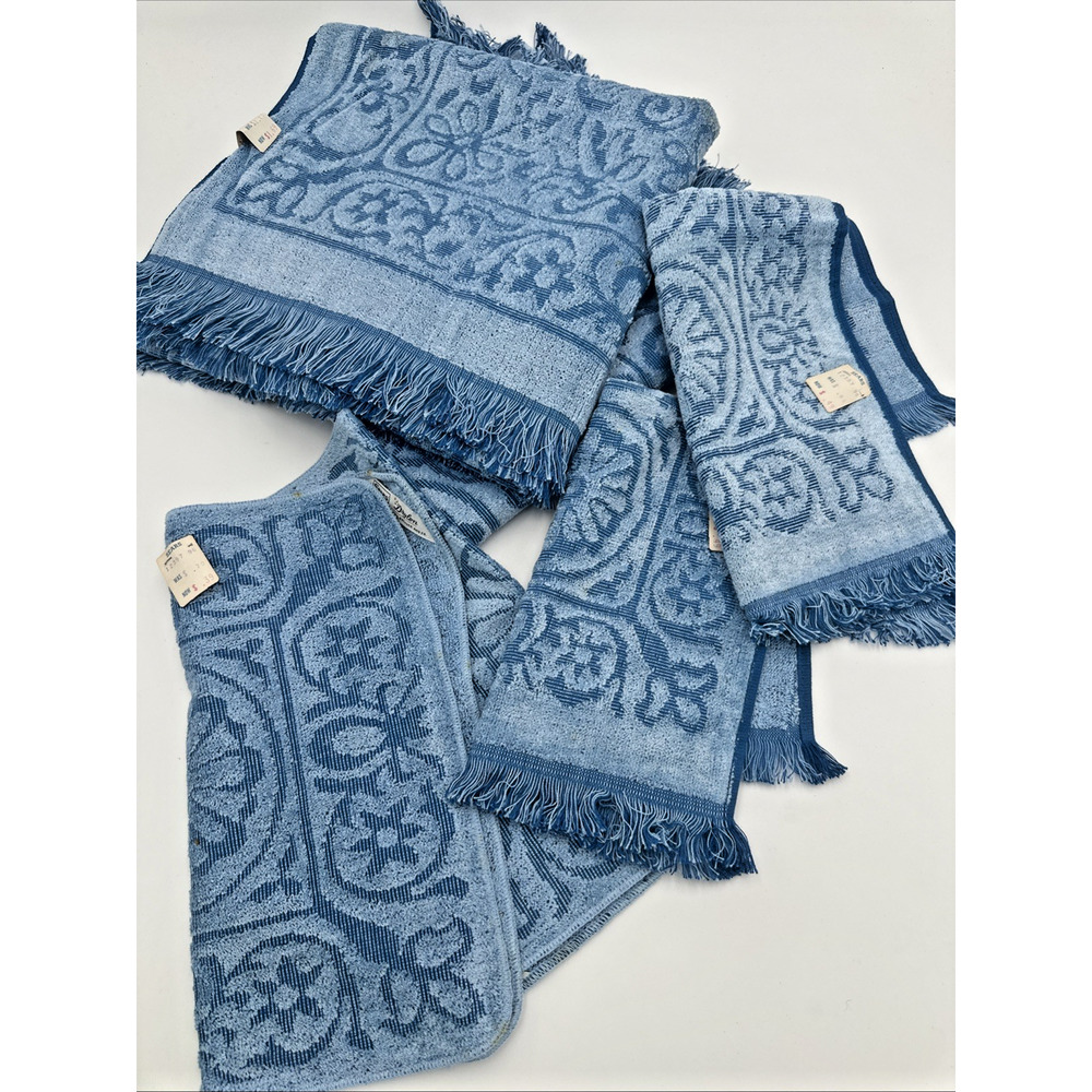 Sears Drylon Blue Sculpted 2 Bath, 2 Hand & 2 Washcloth Towels Fringe NEW